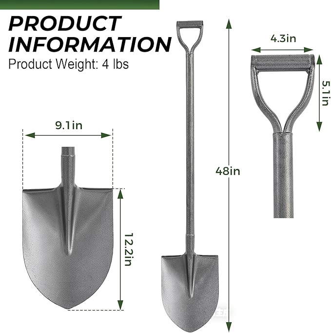 Heavy Duty All Steel Shovel - 48 Inch Digging Shovel for Garden, Camping, Trenching, and More with D-Grip Handle, Black Full Steel Construction