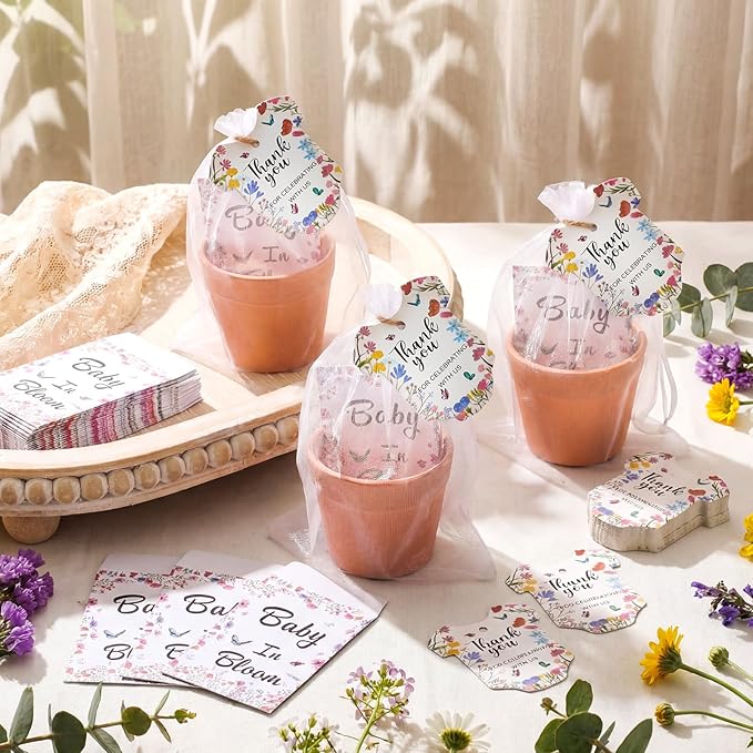 Ctosree 50 Sets Wildflower Baby in Bloom Baby Shower Seed Packets Favors for Guests Include Self Adhesive Seed Packets (No Seeds) Clay Plastic Flowerpot Thank You Tags Hemp Rope Organza Gift Bags