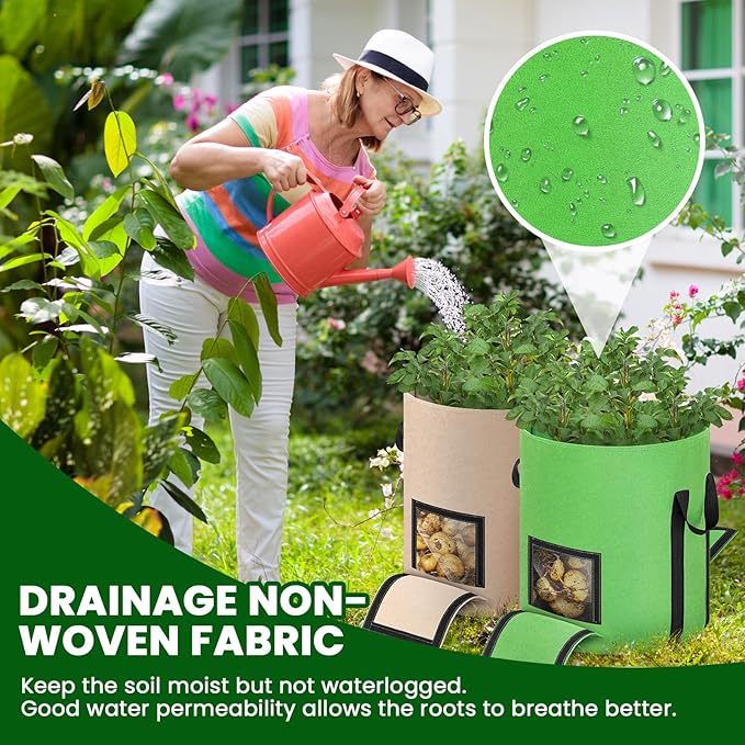 4 Pcs Upgraded 10 Gallon Potato Grow Bags with Harvest Window & Visible Window, Sturdy Handle, Thickened Non-Woven Planter Pots Potato Growing Container for Tomato Vegetable (Multicolor)