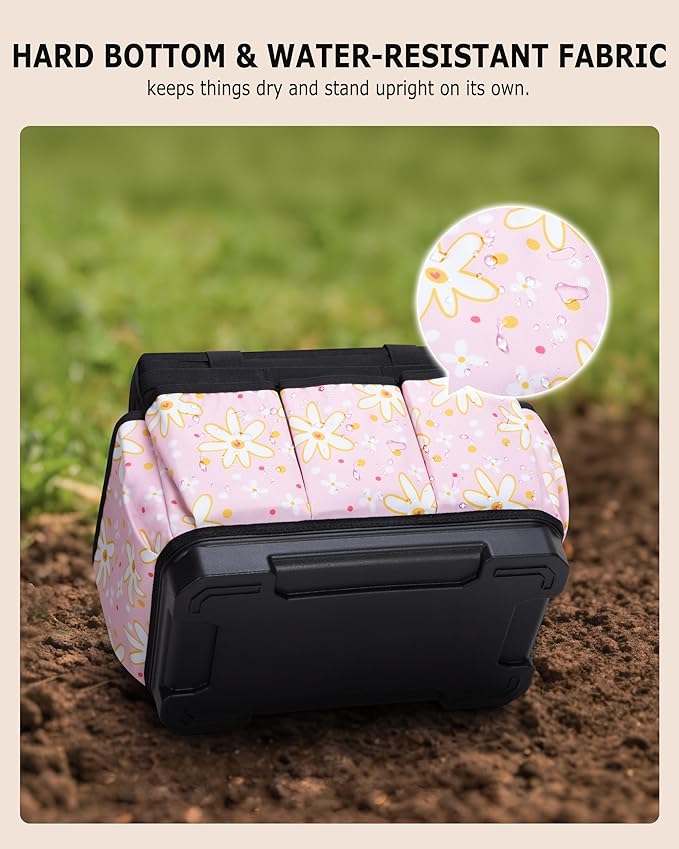 Garden Tool Bag with Hard Bottom, Garden Tote with Shoulder Strap and Multiple Pockets (No Accessories Included), Pink Sunflower