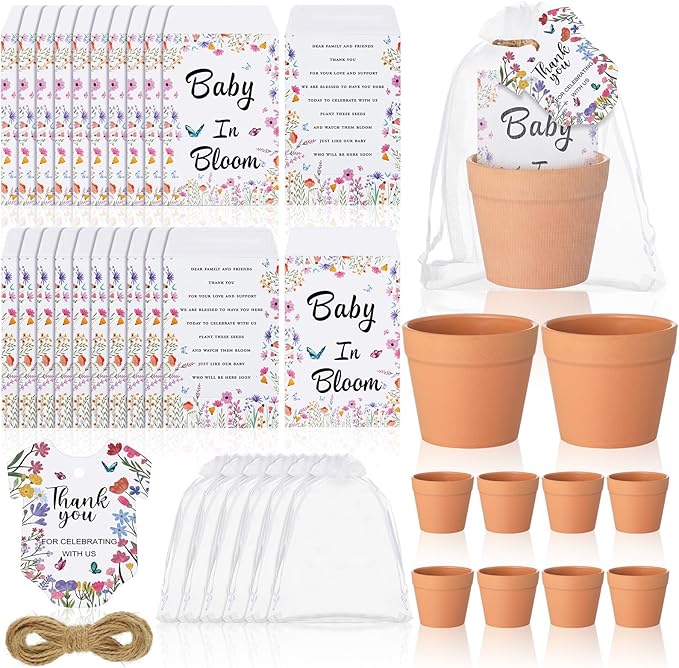 Ctosree 50 Sets Wildflower Baby in Bloom Baby Shower Seed Packets Favors for Guests Include Self Adhesive Seed Packets (No Seeds) Clay Plastic Flowerpot Thank You Tags Hemp Rope Organza Gift Bags