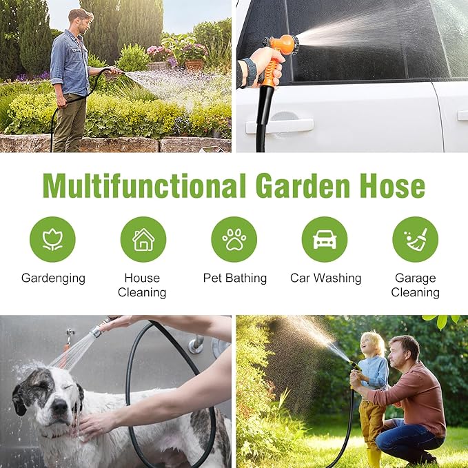 Short Garden Hose 5 ft x 5/8 in Male to Female Heavy Duty Small Water Hose Extender Connector, Lightweight Rubber Hybrid Leader Hose, Leak-Free Connections, 3/4'' Brass Fittings, Black