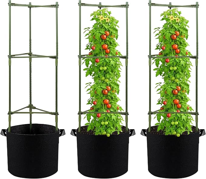 GENMOUS Tomato Cages with Grow Bags - 48 Inch Tomato Trellis for Raised Garden Bed, 3-Pack Tomato Plant Support, with 10 Gallon Plant Grow Bags, Reusable and Height Adjustable