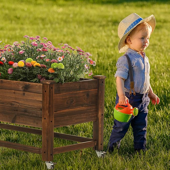 Raised Garden Bed 41x21x20-inch Mobile Elevated Wood Planter Lockable Wheels, Outdoor Wood Elevated Planter Box Kit Customized for Children（Brown）