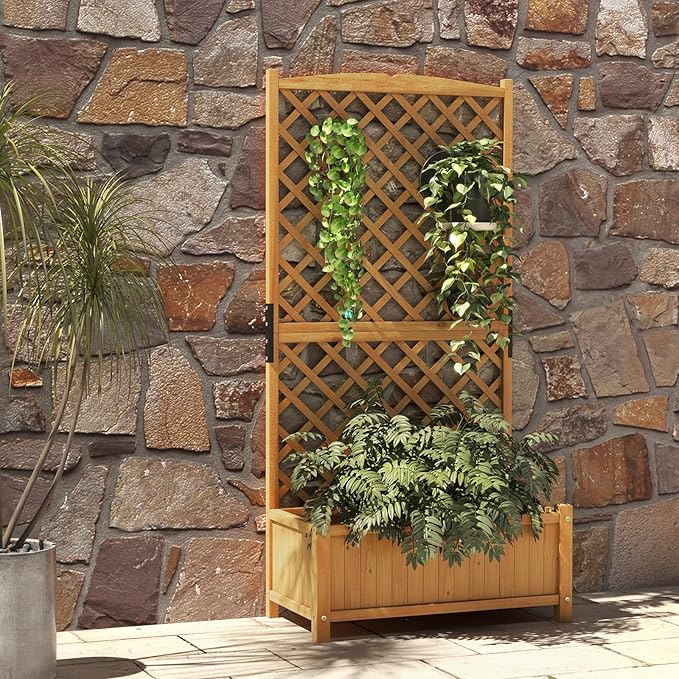 HAPPYGRILL Raised Garden Bed with Trellis, 71" Planter Raised Bed with Drainage Holes, Freestanding Garden Planter for Vine Climbing Plants, Wooden Planter Box for Yard Balcony(1, Yellow)