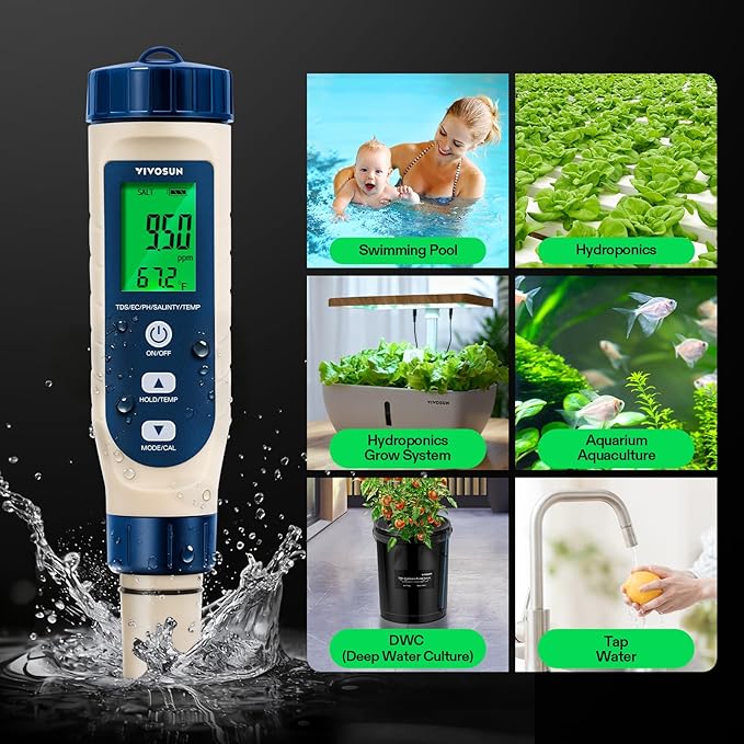 VIVOSUN 5-in-1 Digital PH Meter with PH/Salinity/TDS/EC/Temperature Function, Backlight Screen, IP67 Waterproof for Hydroponics, Home Drinking, Pool and Aquarium
