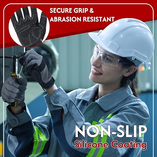 HANDLANDY Working Gloves for Men & Women, Safety Work Gloves with Grip for Warehouse Construction Garden Yard Outside (Grey-Grip, Large (Pack of 3))