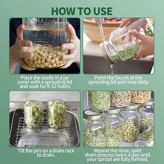 4 Pack Sprouting Lids for Mason Jars, 304 Stainless Steel Wide Mouth Seed Sprouting Kit,Sprouting Jar Lid urable Filter Screens for Growing Broccoli, Alfalfa, Beans
