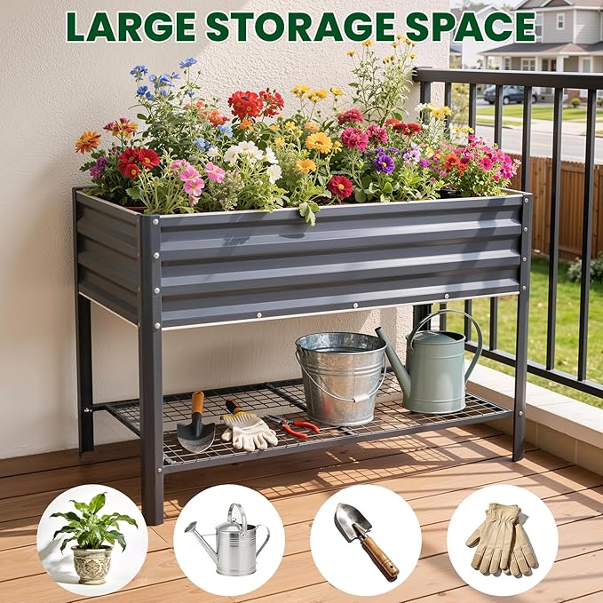 1MORE Elevated Raised Garden Bed with Legs & Storage Rack, 48×24×32in Large Metal Raised Bed for Backyard, Patio. Raised Planter Box with Drainage Holes for Plants Vegetables Flowers Fruits(Grey-1pcs)