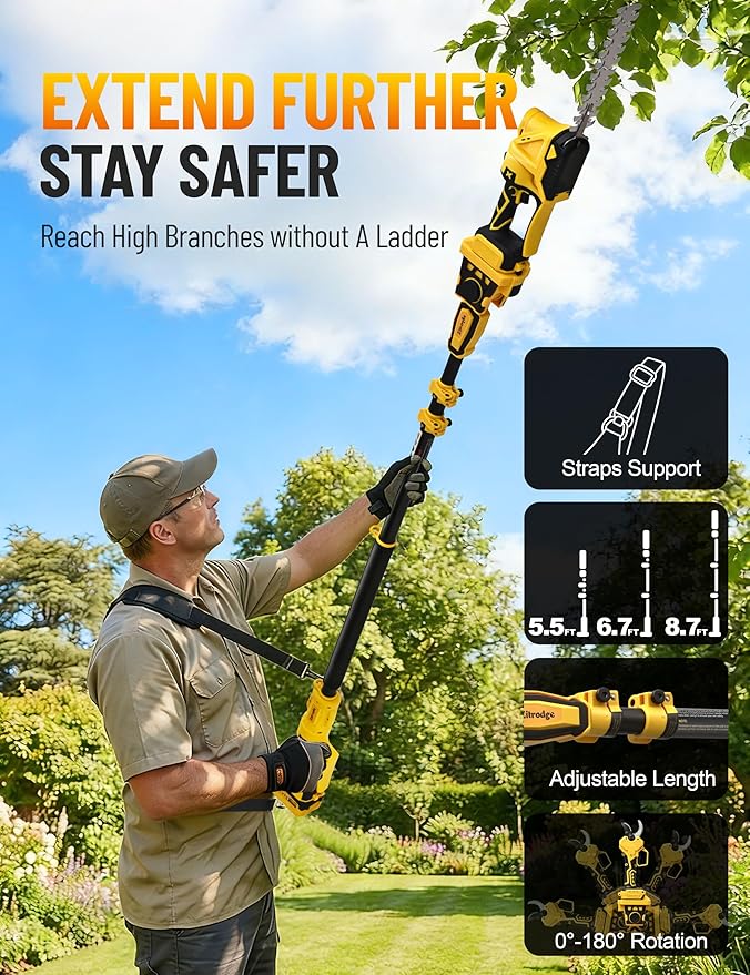 8”/ 10” Electric Pole Saw, Pruning Shears, Pole Hedge Trimmer, Grass Shears Combo, Extendable Garden Tools for Outdoor & Yard Use, Cordless Tree Pruner, Branch Cutter, Compatible with Dewalt Battery