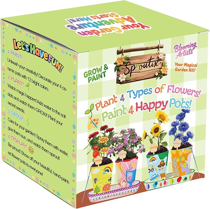 Paint & Plant Flower Growing Kit, Complete Gardening Set with 4 Ceramic Pots, Soils, Seeds and Other Tools, Ideal for Educational Arts and Crafts DIY Gift