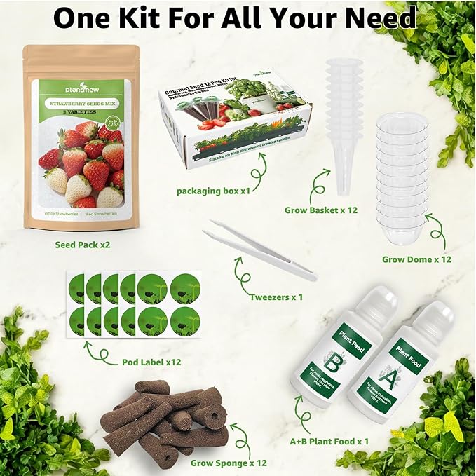 12-Pod Strawberry Seed Kit Compatible with All Hydroponics, 2 Pack Varieties: Big Fruited Red & White Alpine Strawberry - Universal Seed Starter Pods, Easy to Grow, High Germination