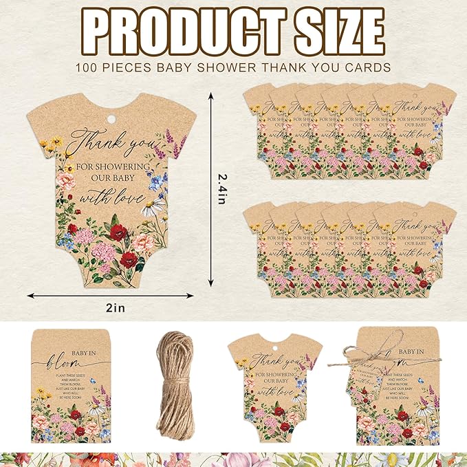 JarThenaAMCS 100Pcs Baby Shower Seed Packets Spring Wildflower Self Adhesive Kraft Envelopes with Thank You Tags Baby in Bloom Seed Storage Pockets for Garden Party Favors Supplies
