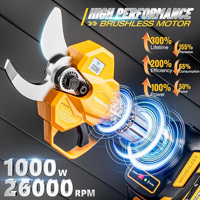 1.6"/ 41mm Electric Pruning Shears, Cordless Electric Scissors LCD Display＆SK7 Blades, 21V Brushless Motor Branch Cutter with 2 PCS Rechargeable 2000mAh Batteries & 2 Blades (Yellow)