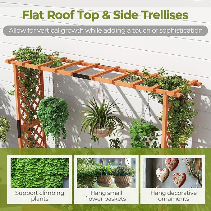 HAPPYGRILL Raised Garden Bed with Trellis, Freestanding Wood Planter Box w/Hanging Roof & Drainage Holes for Vine, Climbing Plants, Flowers, Outdoor Planter with Trellis for Garden, Patio, Yard (1)