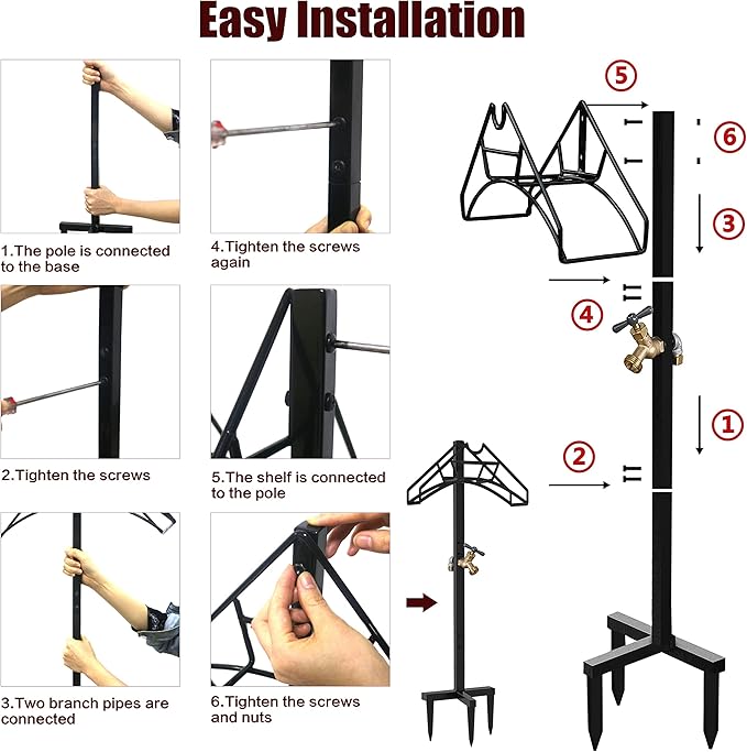 Freestanding Outdoor Garden Hose Holder Stand with Brass Faucet, Heavy Duty Metal Water Hose Reel Storage Stake Rack for Backyard, Black (Hose not Included)