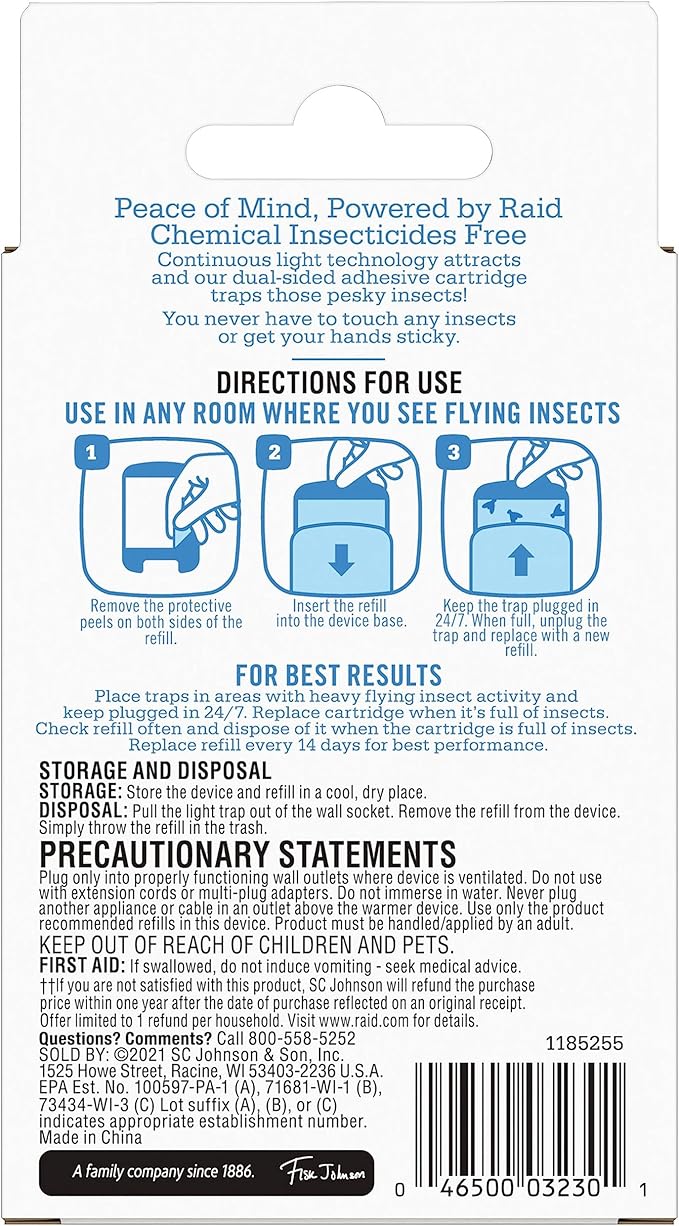 Raid Essentials Flying Insect Light Trap Refills, 2 Light Trap Refill Cartridges, Featuring Light Powered Attraction (Pack of 2)
