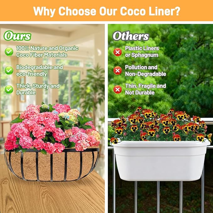 4 Pack 24 Inch Trough Coconut Liners for Planters- Natural Coco Liner Window Box Liners Replacement, Coconut Fiber Planter Liner for Outdoor Flower Planters, Deck Railings, Fence and Balcony