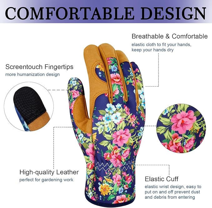 Leather Gardening Gloves for Women Thorn Proof Garden Gloves Touch Screen Working Gloves Gifts,M