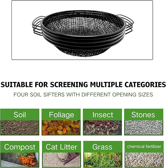 4Pcs Soil Sifter for Gardening, 3,6,8,10mm Grid Rock Sifter for 5 Gallon Bucket, Dirt Sifter, Compost Sifter for Capturing Dirt, Sand, Rocks, and Filtering Compost (Black)