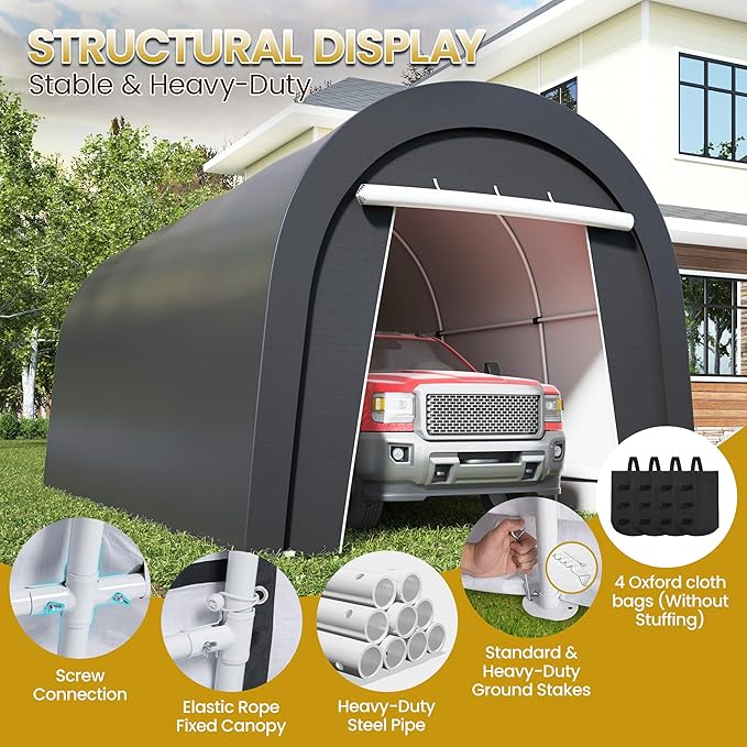 Domed Carport with 4 Cloth Bags, Portable Garage with 2 Roll-up Doors, Heavy Duty Car Canopy Party Tent, All-Season Storage Shelter Shed for Cars, Truck, or Garden Tools, 10' x 20'