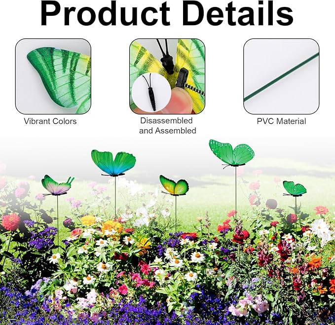 12pcs Decorative Butterfly Plant Stakes, 9.8in Lifelike Butterfly Garden Stakes PVC Waterproof Flower Pot Decorations for Garden Lawn Patio Indoor Outdoor Yard Planter Art Decor (Green)