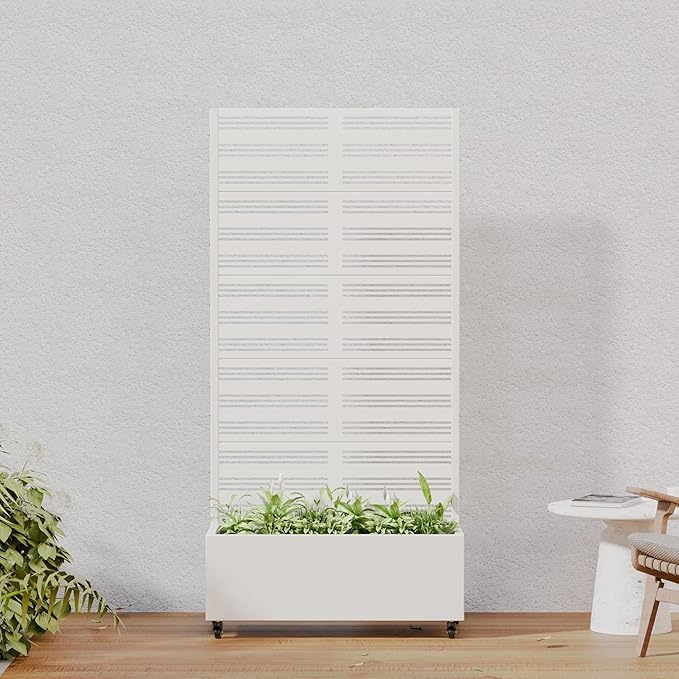 Casaphoria Metal Raised Garden Bed with Trellis and Wheels, 72"x35"x16" Planter Box for Climbing Plants, Vegetables & Vines, Features Drainage Holes and Privacy Screen, White-Harold
