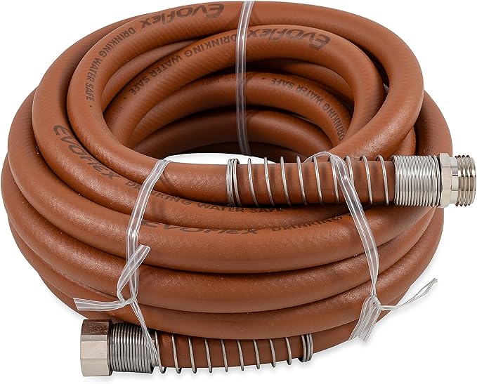 Camco EvoFlex 25-Ft Water Hose - RV Drinking Water Hose Contains No Lead, No BPA & No Phthalate - Flexible Design w/Stainless Steel Strain Relief Ends - 5/8” Inside Diameter, Brick (22583)