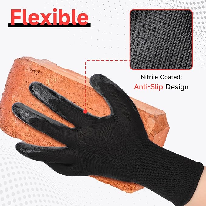 Black Nitrile Coated Work Gloves - 12 Pairs Reusable Winter Work Gloves Men Grip, Construction Tools for Working, Gardening, Fishing, Reusable Heavy Duty Firm Grip Nitrile Gloves XL