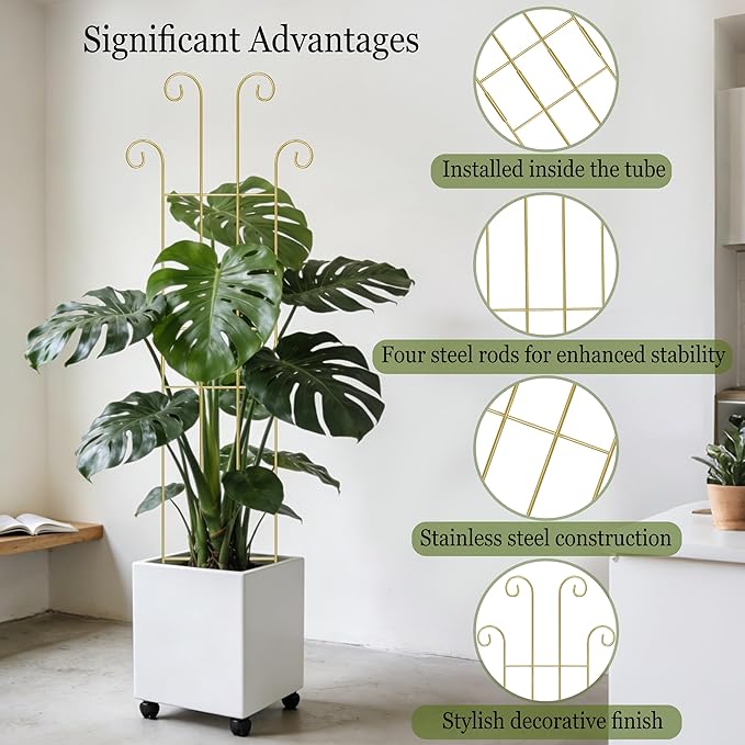 3 Set Tall Trellis for Potted Plants Indoor, 32'' Expandable Garden Metal Trellis for Climbing Plants Outdoor, Monstera Plant Support for Hoya, Vine, Ivy Pothos (Gold)