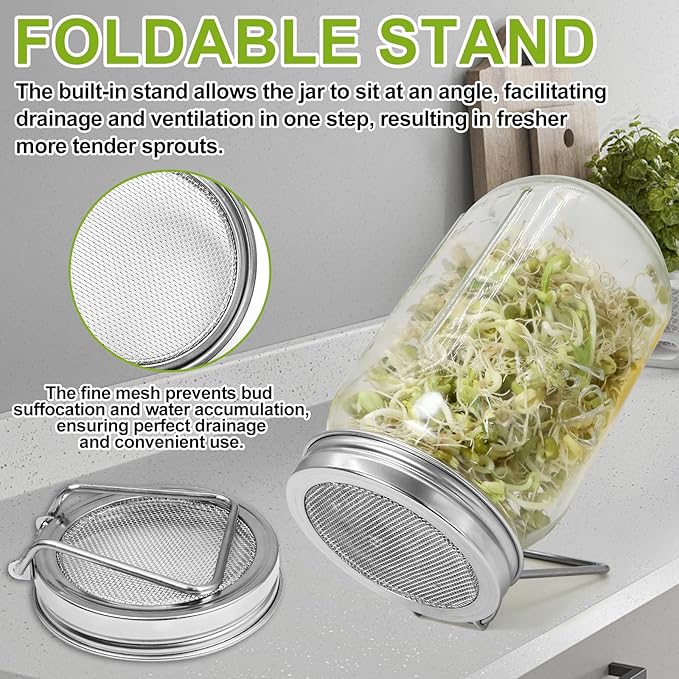 Sprouting Lids 2Pack Sprouting Lids for Wide Mouth Mason Jars with Stainless Steel Sprouter Lids & Stand for Broccoli, Alfalfa, Mung Bean Plant Germination Kits