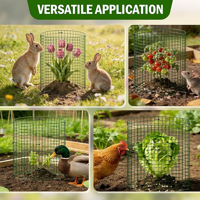 Uyittour 10 Pack Plant Protectors from Animals, 12" x 12" Round Metal Wire Garden Plant Cages to Keep Animals Out, Rabbit Proof Protection for Vegetables & Flowers with Stakes, Zip Ties & Gloves