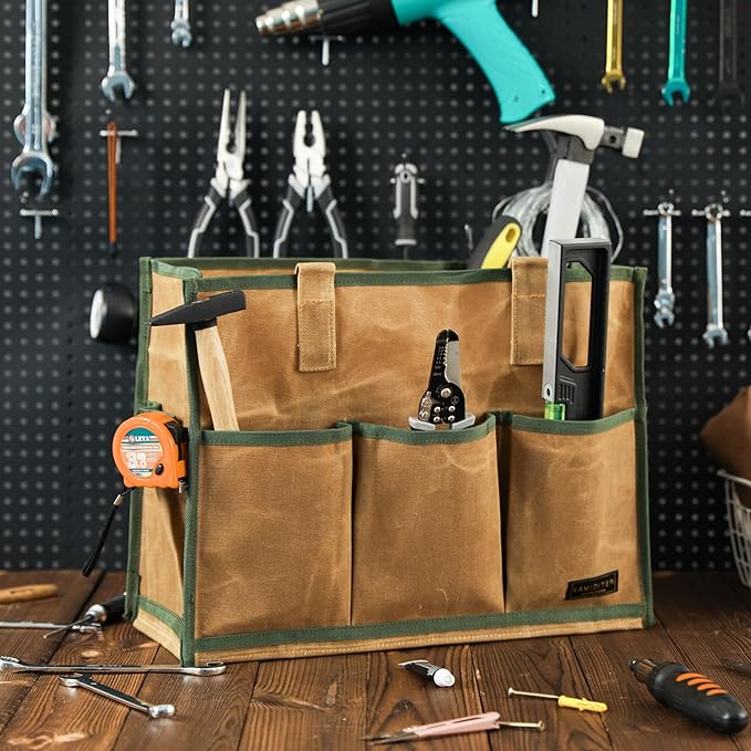 Heavy-Duty 16oz Waxed Canvas Tool Tote Bag - Water-Resistant Wide Mouth Organizer with Reinforced Handle | Large Capacity Tool Storage for Wrenches (16.5" x 12.5" x 6.5", Khaki)
