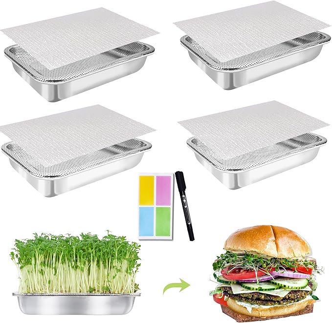 Stainless Steel Sprouts Growing Kit 4-Tier 12.4 inch Trays, Microgreens Growing Kit, Seed Sprouting Tray with Encrypted Mesh Sprouts for Beans Alfalfa Broccoli Wheat Grass