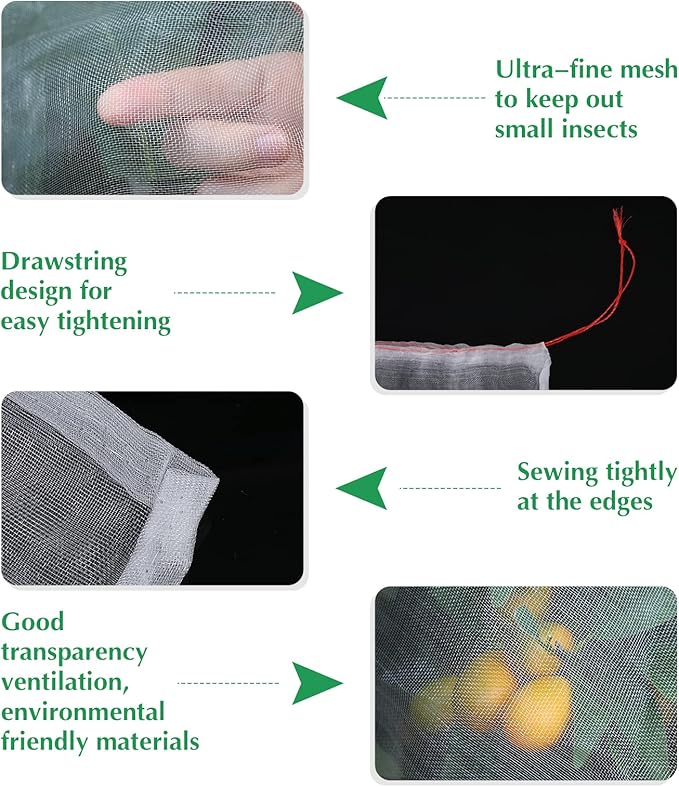 Kikhope 5 Pcs Insect Bird Barrier Netting Mesh with Drawstring- 41"x27" Garden Netting Pest Barrier Plant Cover- Fruit Tree Net for Protect Plant Fruits Flower Vegetables from Insect Bird Eating