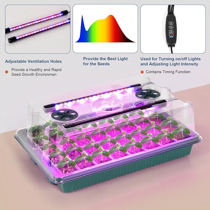Nandae Seed Starter Tray with Grow Light, 2 Pack 80 Cells Seedling Tray Kit with Humidity Hood and Drainage Hole, Adjustable Light & Timing, Perfect for Indoor Seed Cultivation