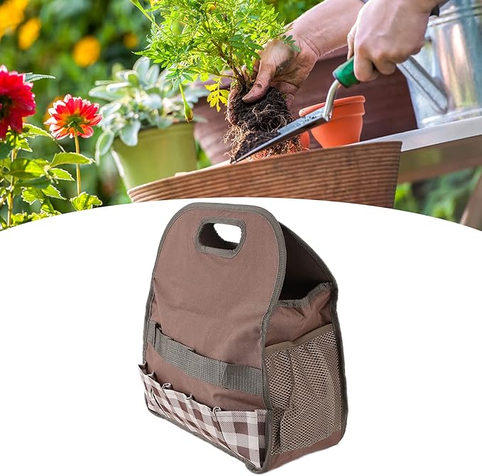 L Garden Tool, Portable Gardeni Sto, Ox Cloth with 5 Slots and Mesh s, Multifunction Handbag for Fertilizers Tools (Coffee Grid)
