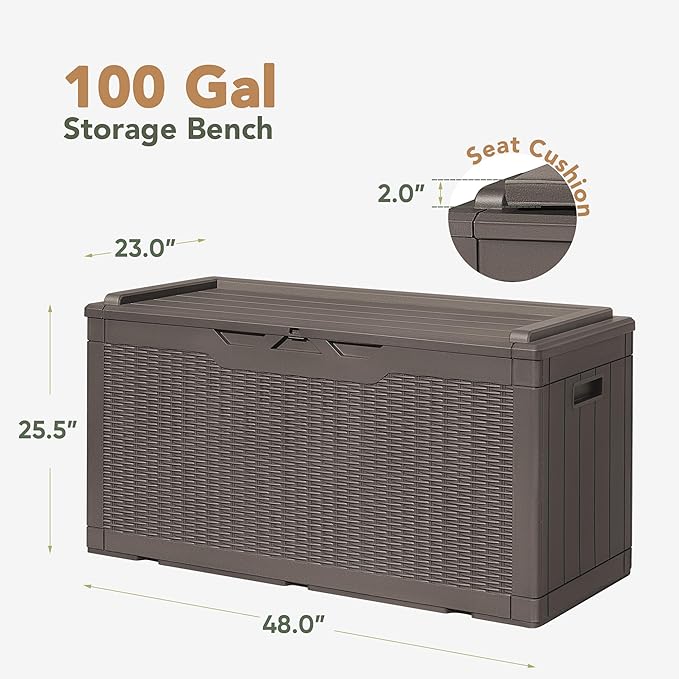 Flamaker Deck Box with Cushion 98 Gallon Waterproof Resin Storage Box with Air Rod Indoor Outdoor Lockable Storage Bench for Patio Furniture, Tools, Pool Accessories (Deep Brown)
