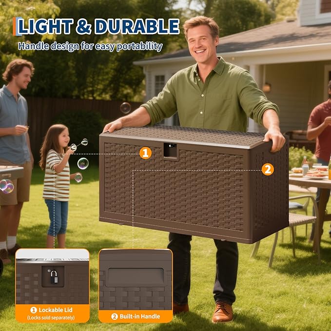 GarveeLife 73 Gallon Resin Deck Box, Weatherproof and UV Resistant Outdoor Storage Box, Lockable Outdoor Storage Bin for Patio Cushions, Garden Tools, Pool Supplies, Package Delivery, Brown