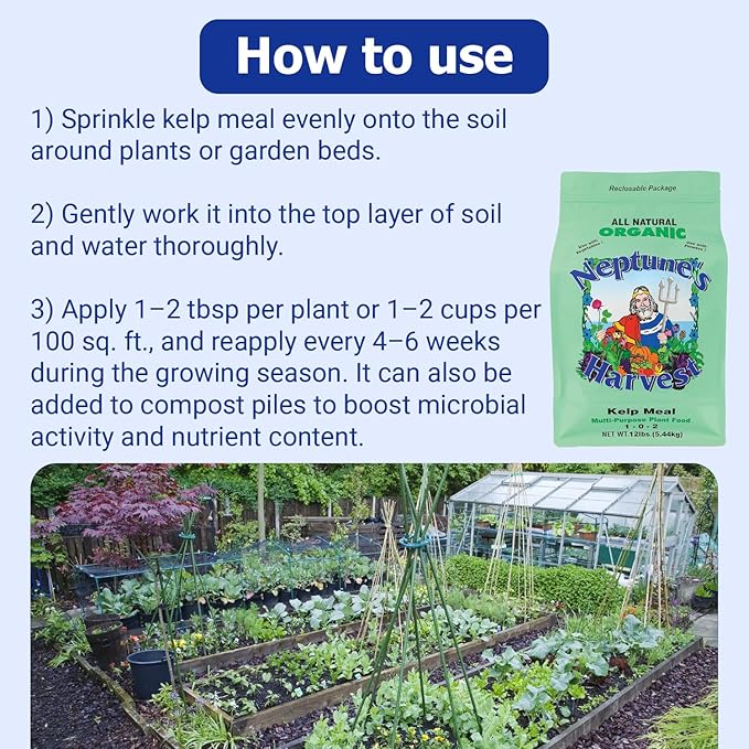 Neptune’s Harvest Organic Kelp Meal Plant Food (1-0-2) - 12 lb Resealable Bag - Multi-Purpose Seaweed Fertilizer - Indoor & Outdoor Plant Fertilizer for Lawns, Gardens, Vegetables & Bulbs