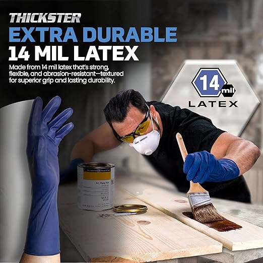 Thickster Powder-Free Exam Grade Latex Disposable Gloves. Size Large. Blue, 14 mil Thickness, 12" Length. Fully Textured for Superior Grip. Single Use. Pack of 50. (6603-20)