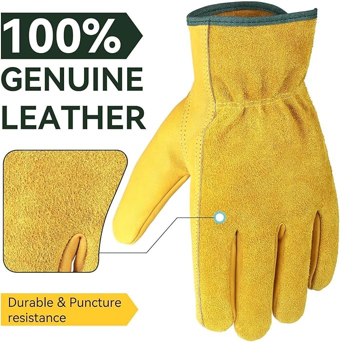 OZERO Men's Cowhide Leather Work Gloves, 3 Pairs Thorn-Proof Gloves for Gardening, Mechanics, Construction & Driving, Breathable Protective Utility Gloves with Reinforced Grip, X-Large (Gold)