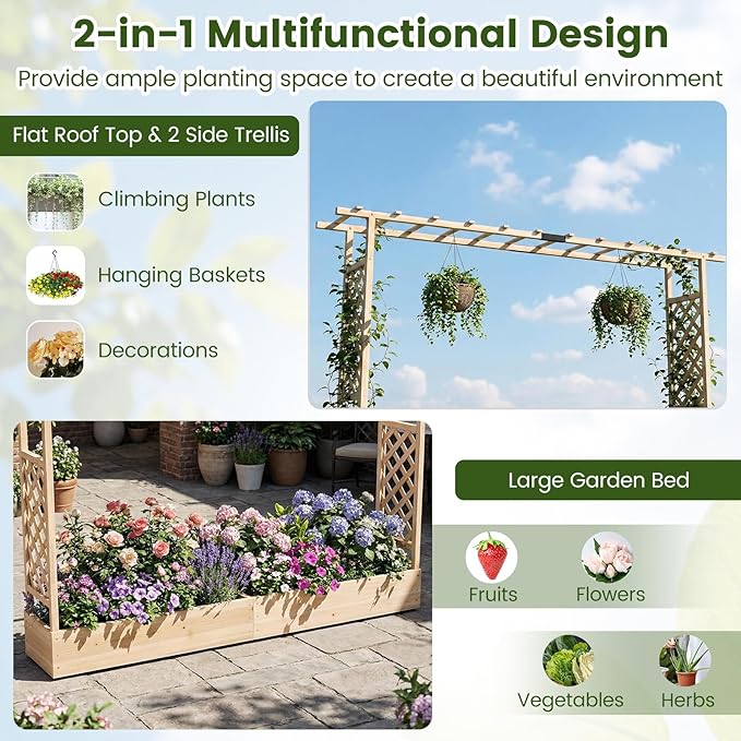 S AFSTAR Raised Garden Bed with Trellis, 2 Pieces Fir Wood Planter Box with Flat Roof & Drainage Holes, Vertical Planter Raised Bed for Climbing Plants, Flowers & Vegetables, 87" x 14" x 45" (Natural)