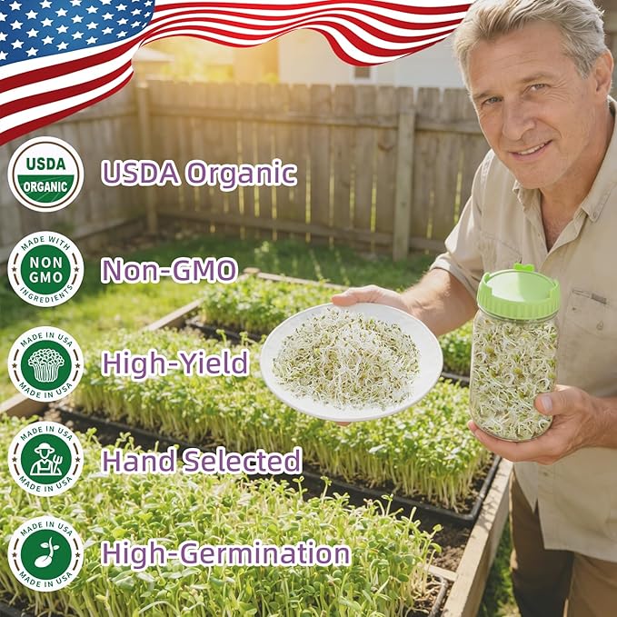 Organic Alfalfa Sprout Seeds (16 oz), Certified Non-GMO, Heirloom Seeds, Premium Alfalfa Sprouting Seeds for Sprouting and Microgreens, High Yield High Germination, Resealable Bag