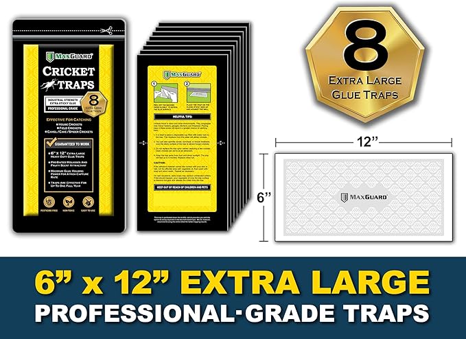 MaxGuard Extra Large Cricket Traps (8 Traps) | Non-Toxic Extra Sticky Glue Board Pre-Baited Cricket Attractant Trap & Kill House Crickets, Insects, Spiders, Bugs