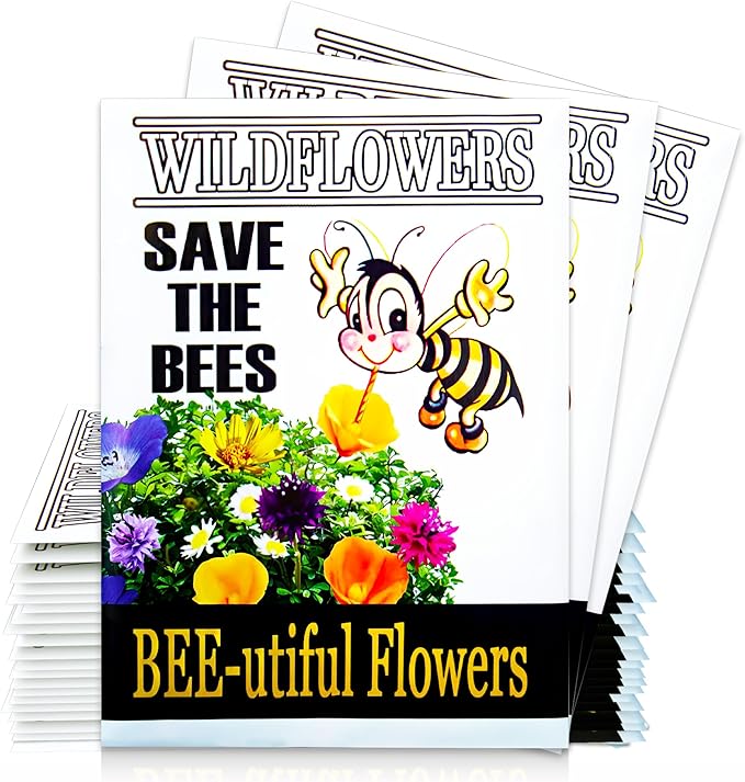 Pack of 20 Pre-Filled Flower Seed Packets for Pollinators Wedding Party Favors Bridal Shower School Events Thank You Events Memorials Earth Day- Save The Bees Assorted Bee Friendly Flower Seeds