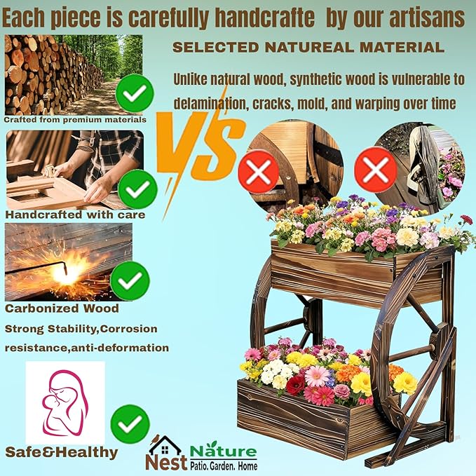 Wooden Wagon Garden Planter Box with Wheels-Indoor/Outdoor Decor for Patio, Backyard, Balcony-Country Farmhouse Flower Box-2 Tier Rustic Garden Raised Bed for Flowers, Herbs, Vegetables