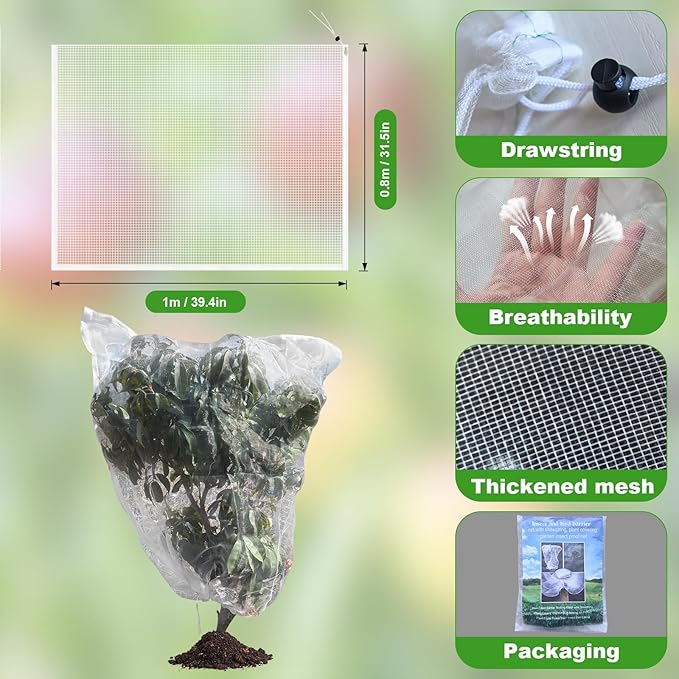 8 Pack Garden Plant Netting, 3.3Ft x 2.7Ft Garden Netting Pest Barrier Mesh Covers Bags with Drawstring Insect Bird Cover Netting Plant Protection Covers for Vegetables Bushes Fruits Tree