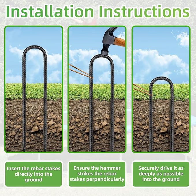 Rebar U Stakes 12 Inch - 4 Pack Black Galvanized Steel Heavy Duty Ground Anchors for Trampoline,Tent,Tarp,Soccer Goal,Garden Stake & Yard Art