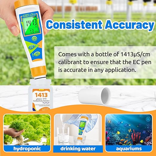 Digital pH Tester for Water pH EC PPM Meter for Hydroponics Nutrients with 1413μs/cm Calibration Solution pH Conductivity TDS Temperature Monitor Meter for Indoor Plant, Pool, Drinking Water